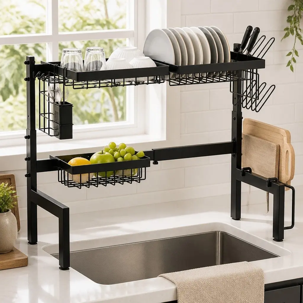 Over the Sink Dish Drying Rack Adjustable Kitchen Counter Storage Utensil Holder