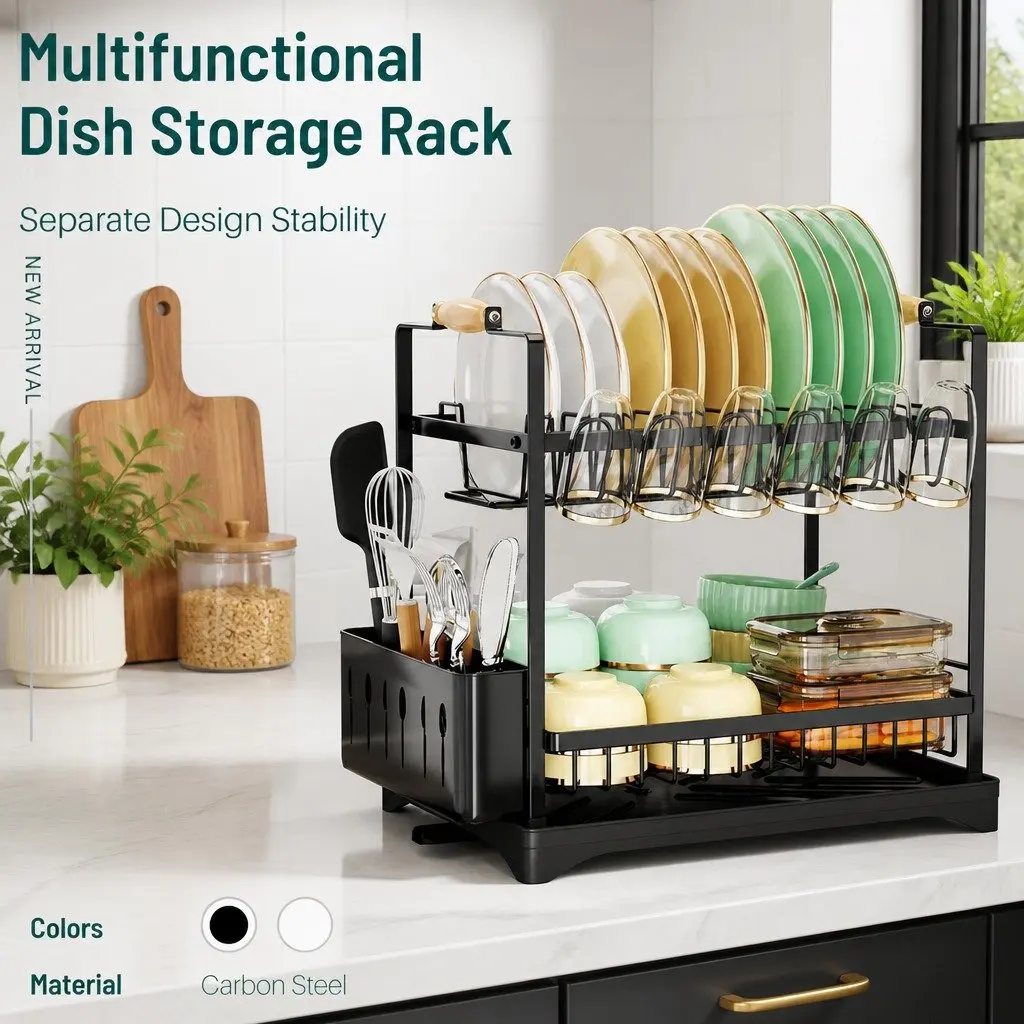 2-Tier Dish Drying Rack Large Drainboard Utensil Holder Glass Hooks Cutlery