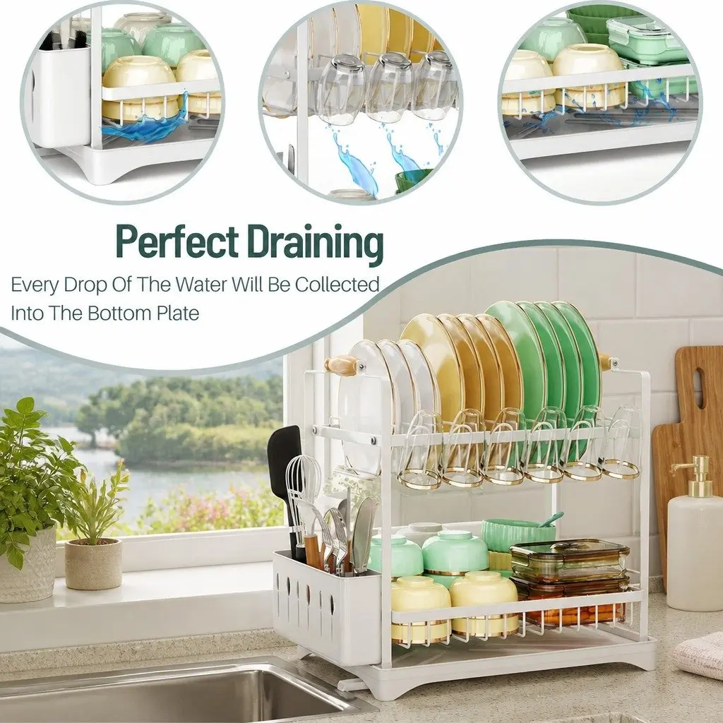 2-Tier Dish Drying Rack Large Drainboard Utensil Holder Glass Hooks Cutlery