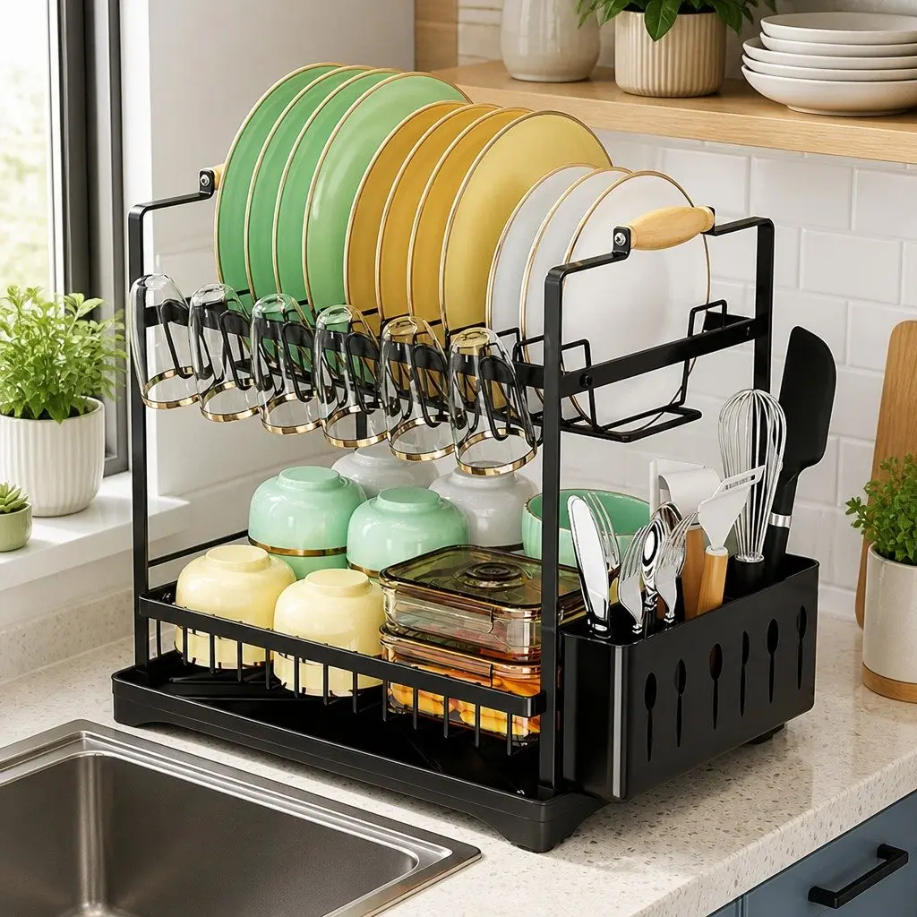 2-Tier Dish Drying Rack Large Drainboard Utensil Holder Glass Hooks Cutlery