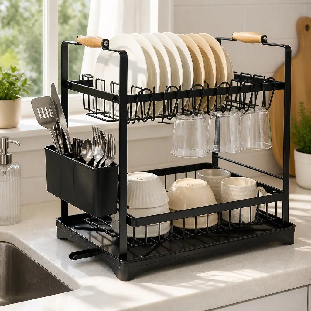 2-Tier Dish Drying Rack Large Drainboard Utensil Holder Glass Hooks Cutlery