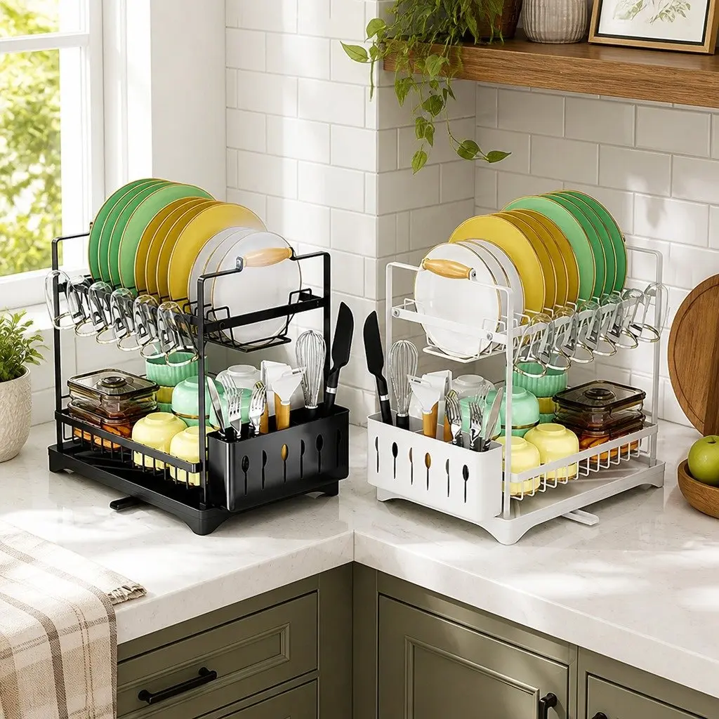 2-Tier Dish Drying Rack Large Drainboard Utensil Holder Glass Hooks Cutlery
