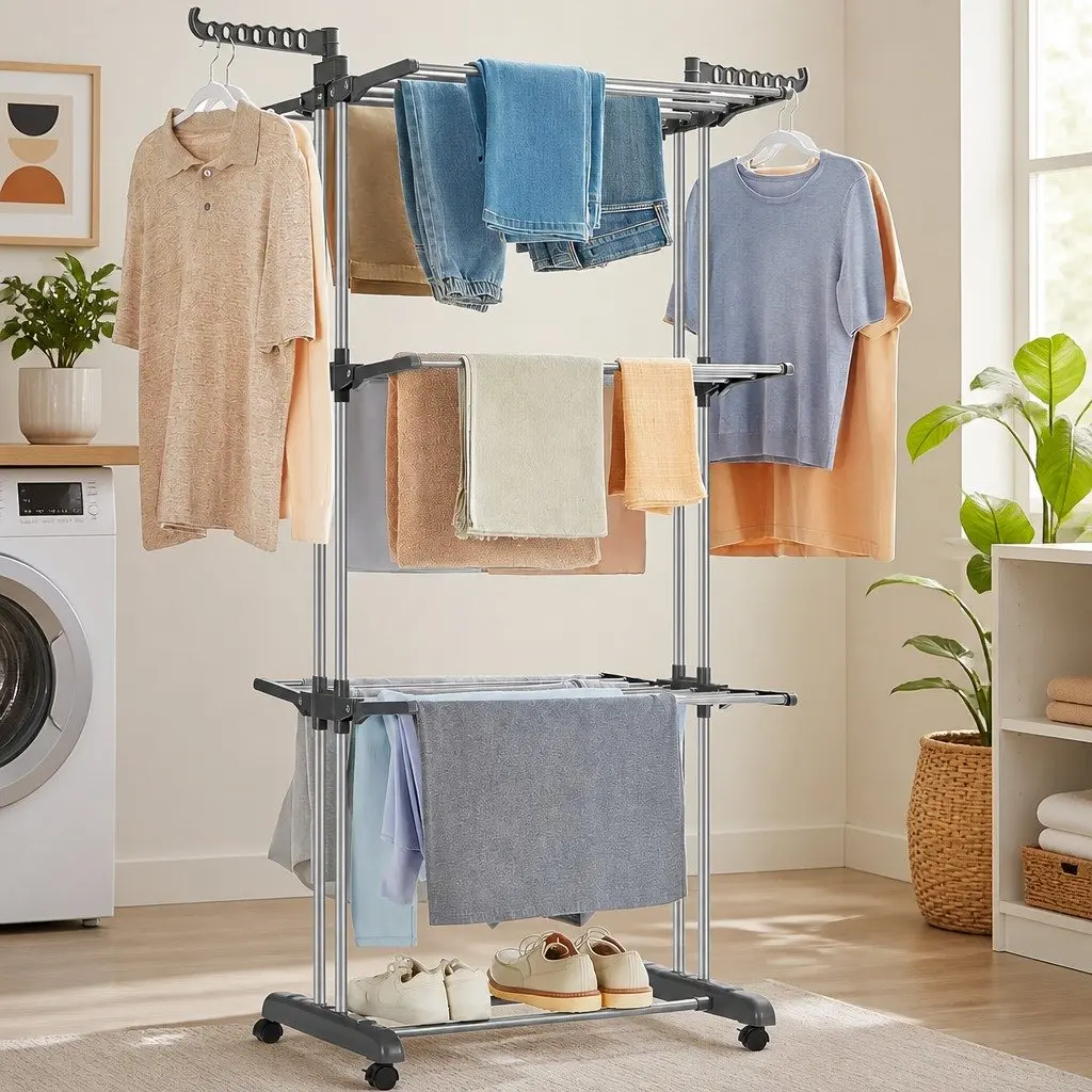 Folding Clothes Drying Rack for Laundry 4-Tier with Wheels Adjustable Wings