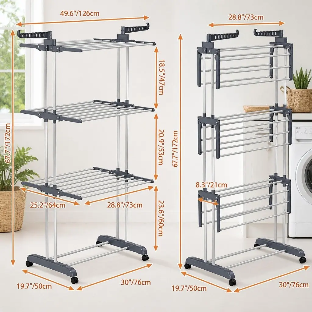 Folding Clothes Drying Rack for Laundry 4-Tier with Wheels Adjustable Wings