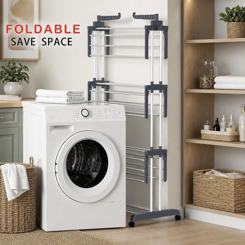 Folding Clothes Drying Rack for Laundry 4-Tier with Wheels Adjustable Wings