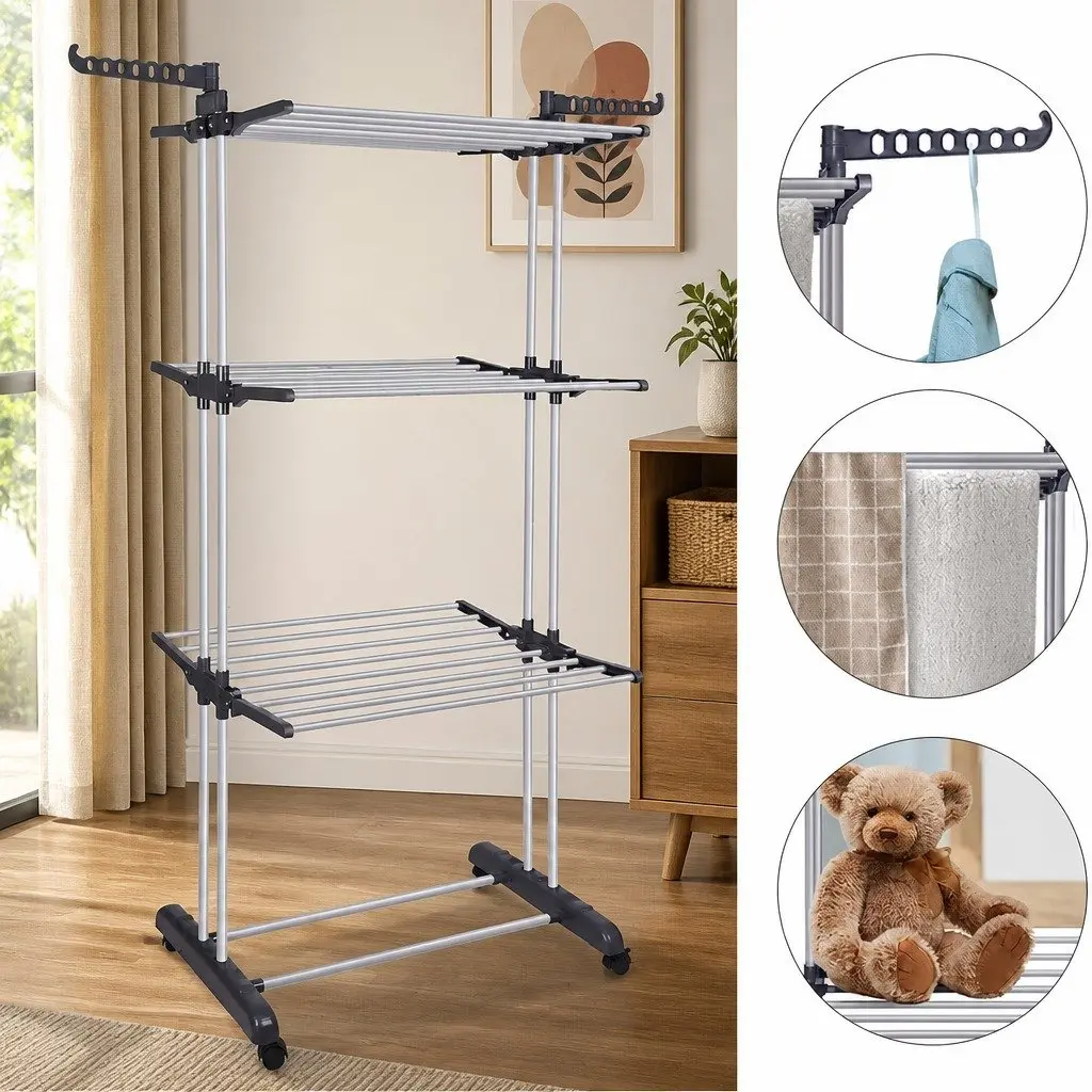 Folding Clothes Drying Rack for Laundry 4-Tier with Wheels Adjustable Wings