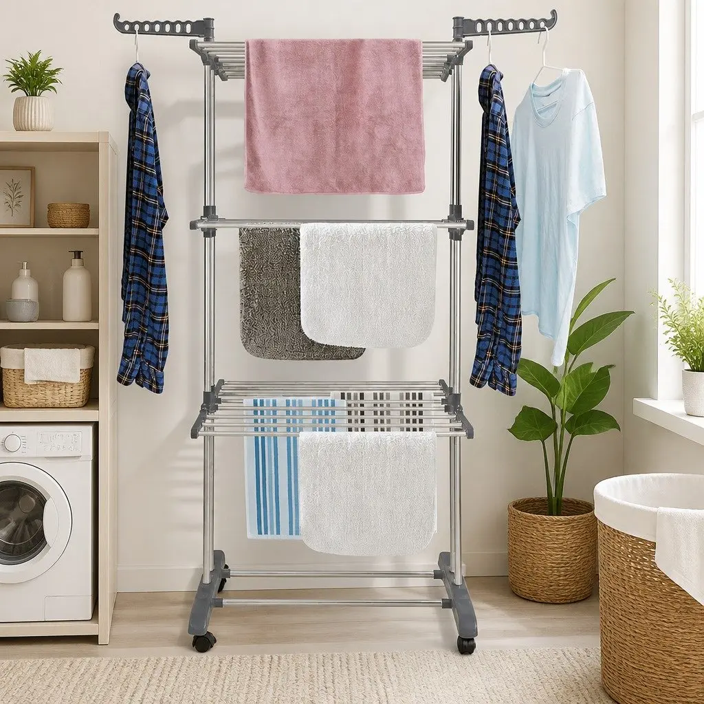 Folding Clothes Drying Rack for Laundry 4-Tier with Wheels Adjustable Wings