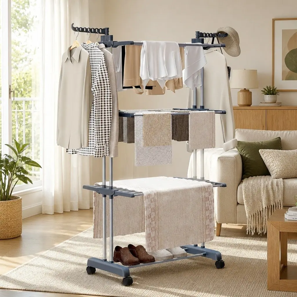 Folding Clothes Drying Rack for Laundry 4-Tier with Wheels Adjustable Wings
