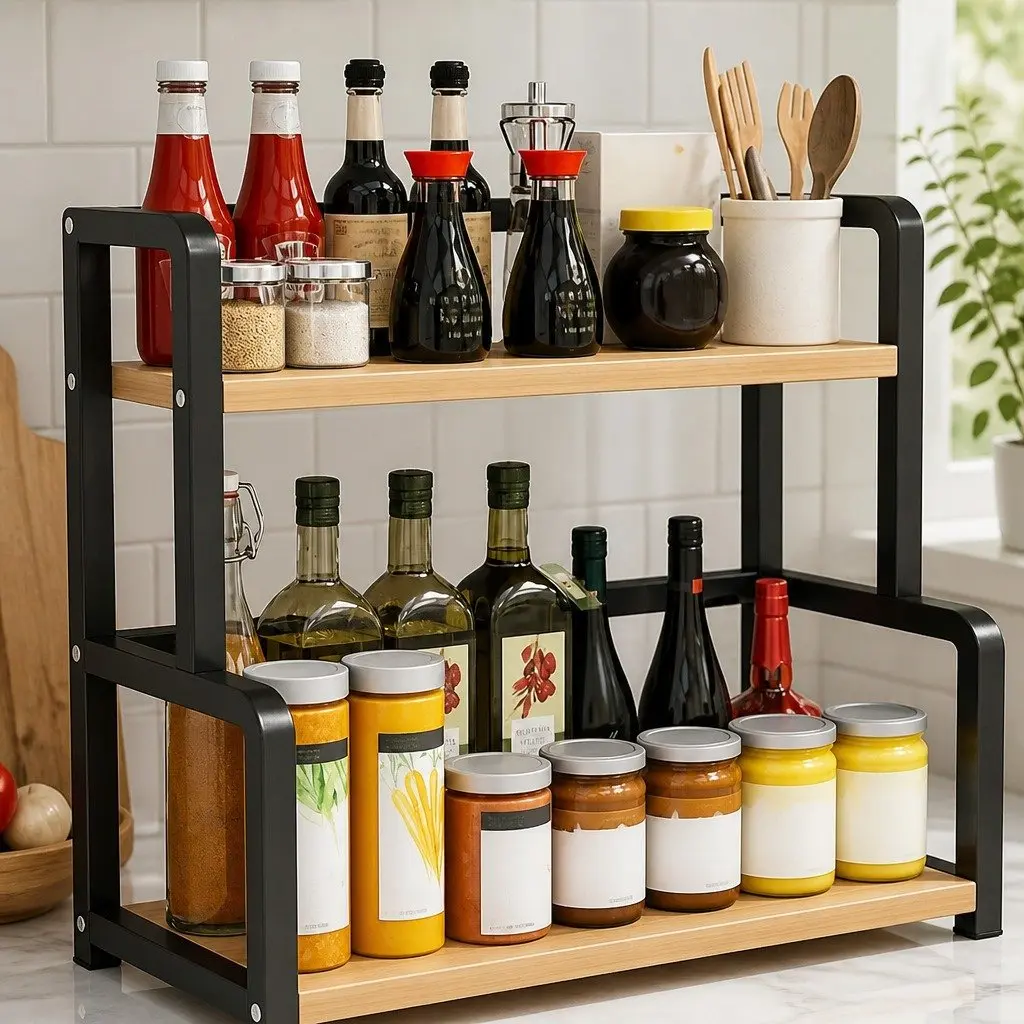 2-Tier Wooden Kitchen Countertop Spice Rack Organizer for Spices Condiments Oils