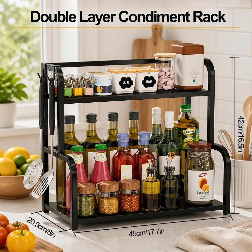 2-Tier Wooden Kitchen Countertop Spice Rack Organizer for Spices Condiments Oils