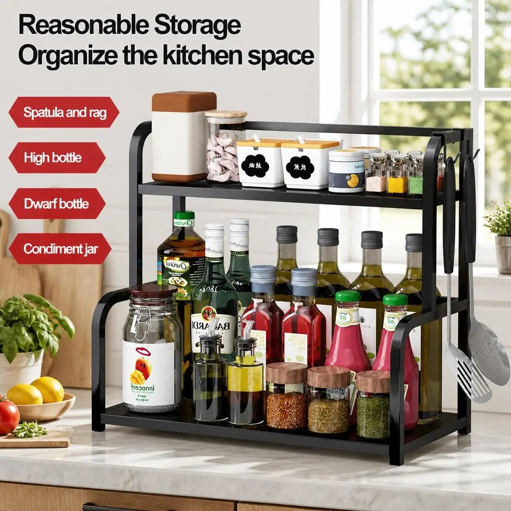 2-Tier Wooden Kitchen Countertop Spice Rack Organizer for Spices Condiments Oils