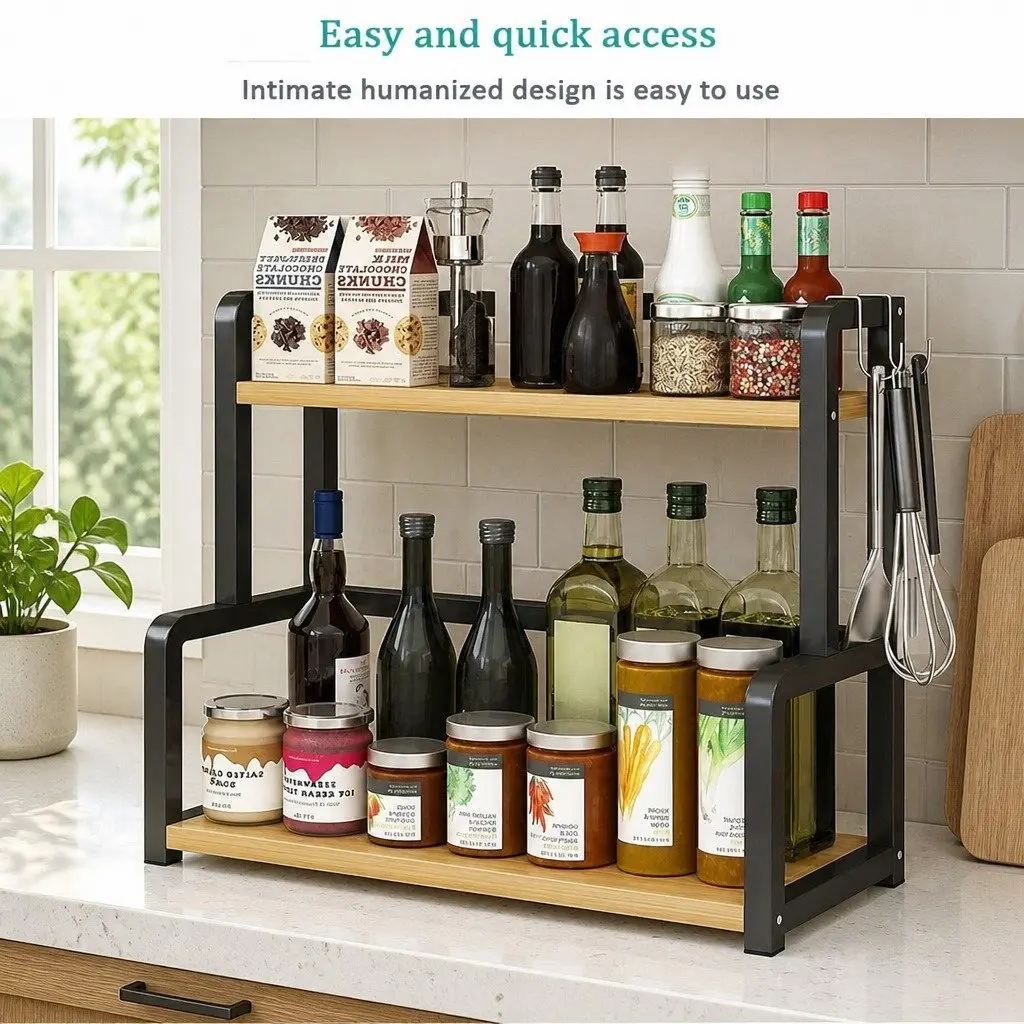 2-Tier Wooden Kitchen Countertop Spice Rack Organizer for Spices Condiments Oils