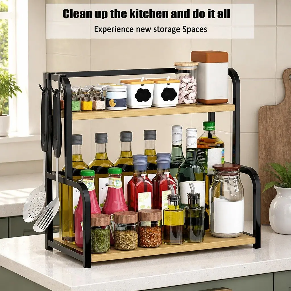 2-Tier Wooden Kitchen Countertop Spice Rack Organizer for Spices Condiments Oils