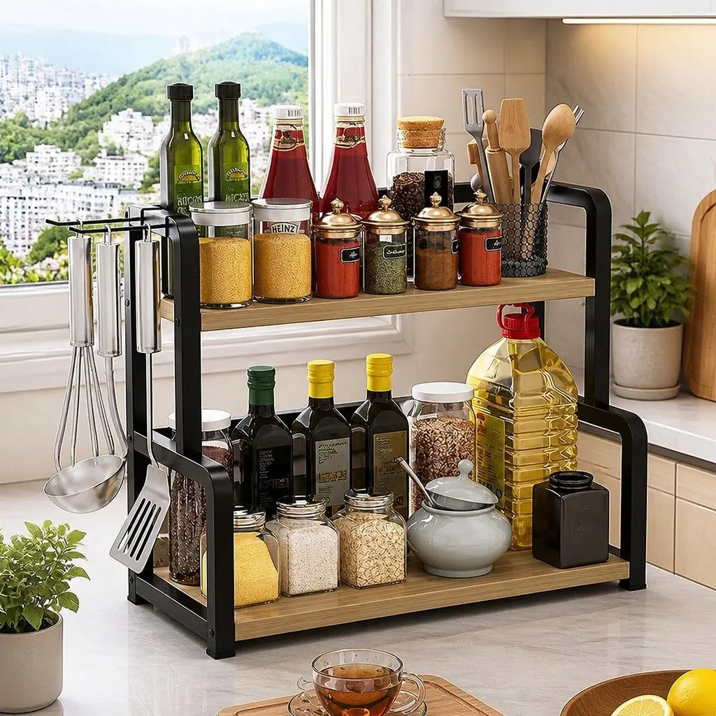 2-Tier Wooden Kitchen Countertop Spice Rack Organizer for Spices Condiments Oils
