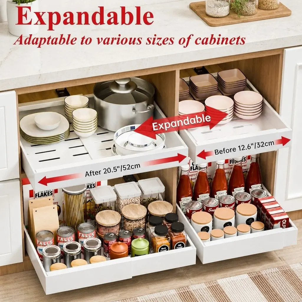 Pull Out Cabinet Organizer Kitchen Storage 2 Pack Expandable Slide Out Shelves