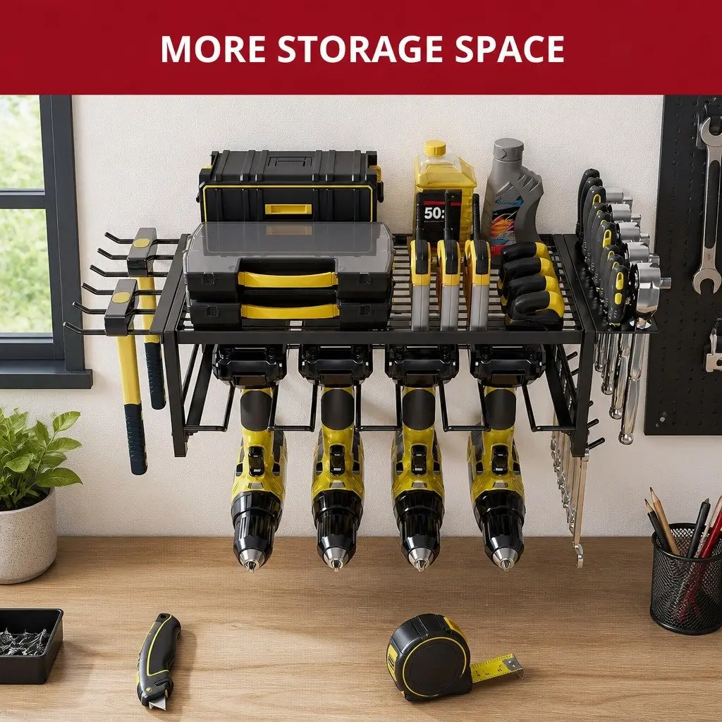 2-Tier Wall Mount Power Tool Rack Organizer Drill Holder Wrench Hooks Workshop
