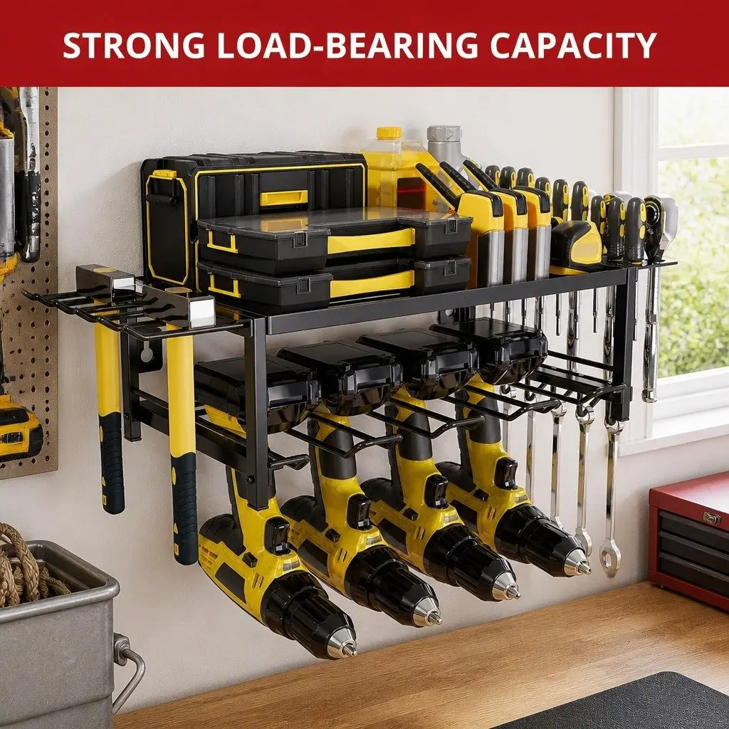 2-Tier Wall Mount Power Tool Rack Organizer Drill Holder Wrench Hooks Workshop