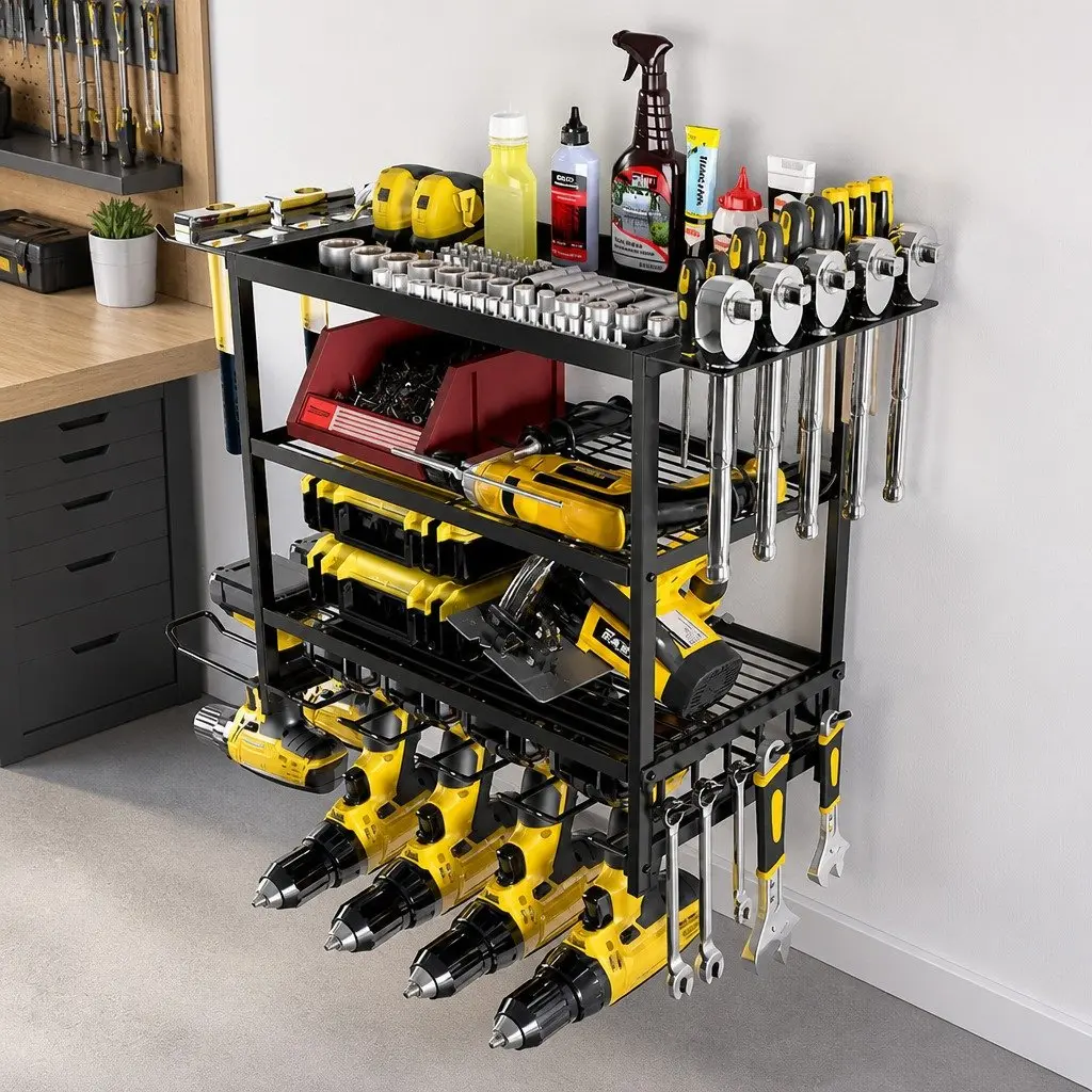 4-Tier Wall Mount Power Tool Organizer Rack with Drill Holder Wrench Hooks