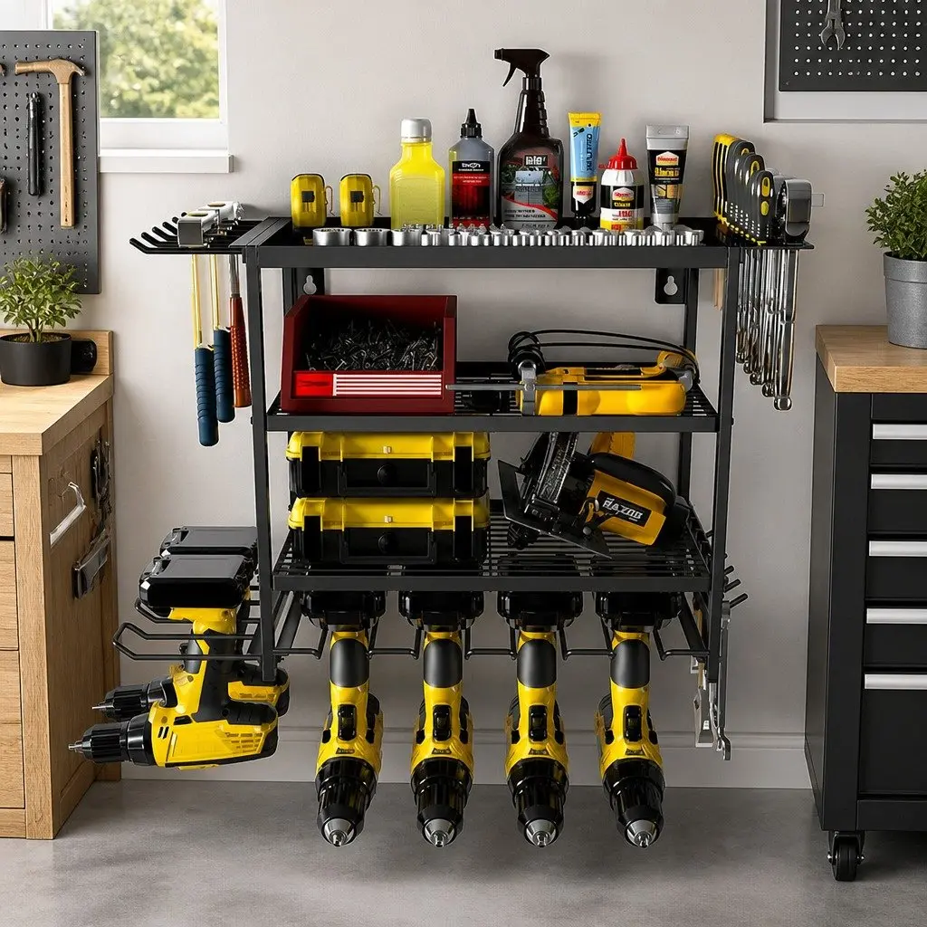 4-Tier Wall Mount Power Tool Organizer Rack with Drill Holder Wrench Hooks