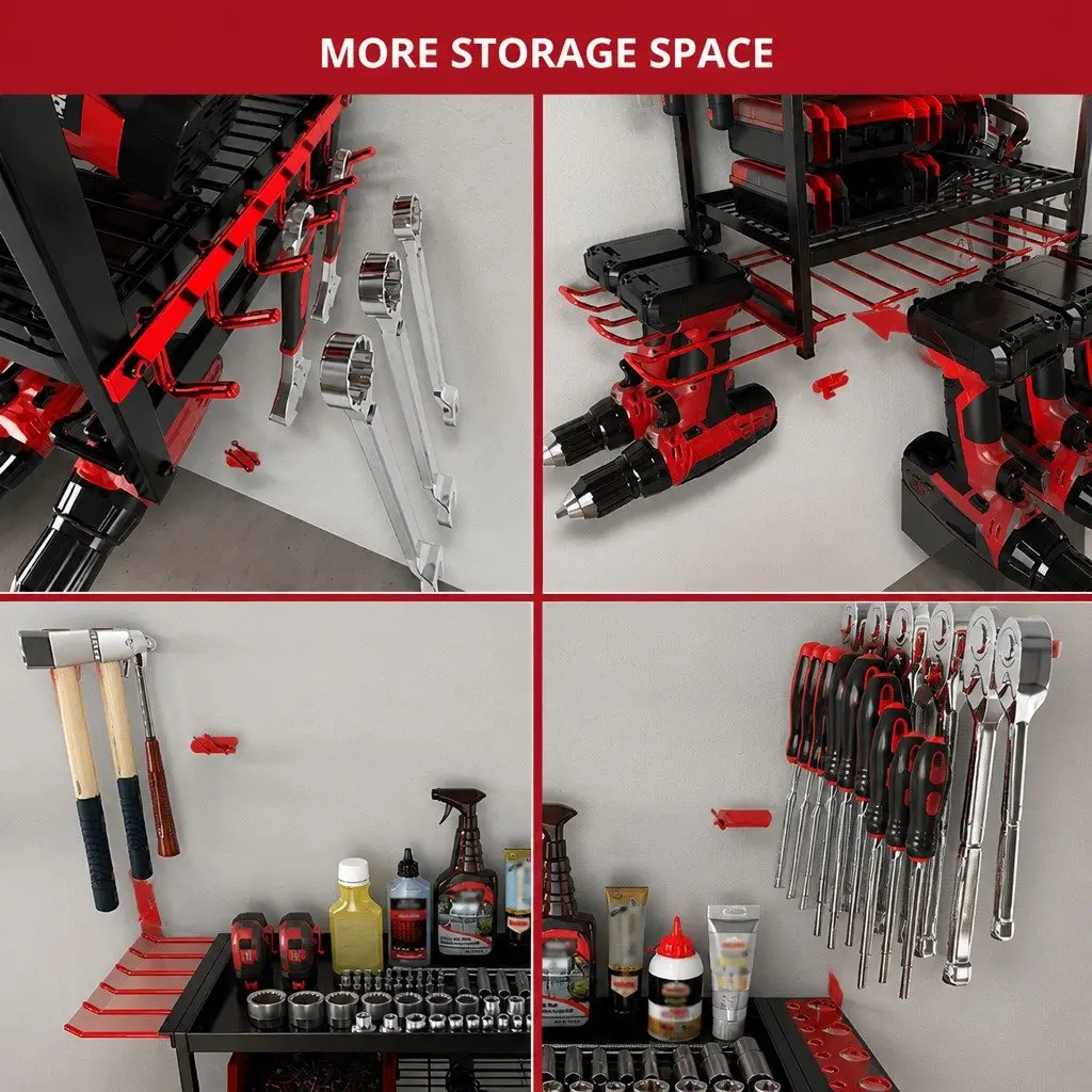 4-Tier Wall Mount Power Tool Organizer Rack with Drill Holder Wrench Hooks