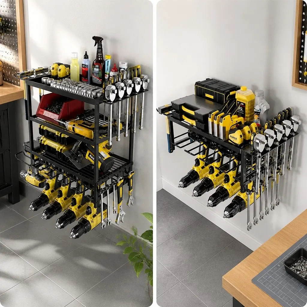 4-Tier Wall Mount Power Tool Organizer Rack with Drill Holder Wrench Hooks