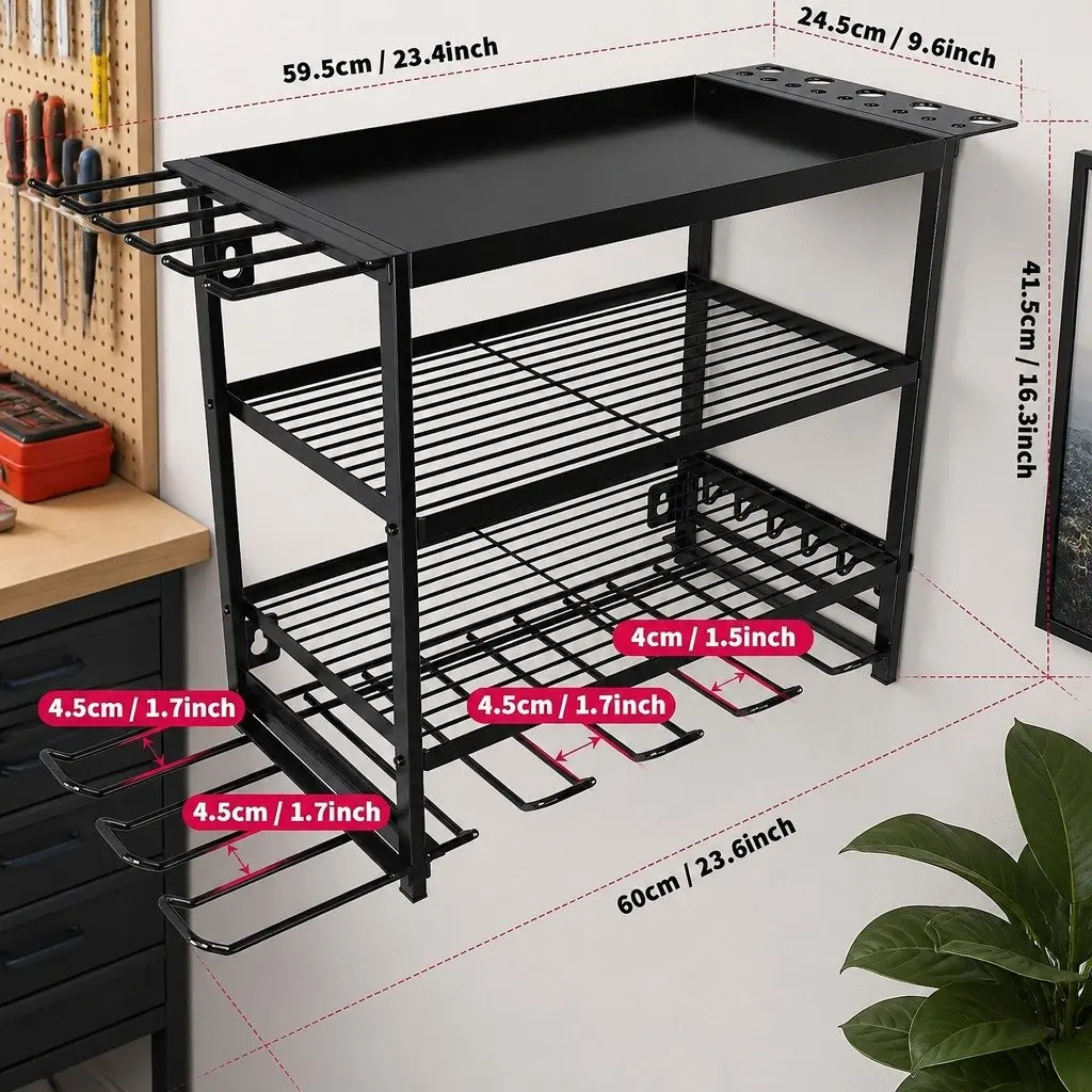 4-Tier Wall Mount Power Tool Organizer Rack with Drill Holder Wrench Hooks