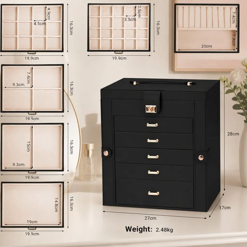 Jewelry Box for Women 6 Drawers for Storage with Mirror and Necklace Hooks Black