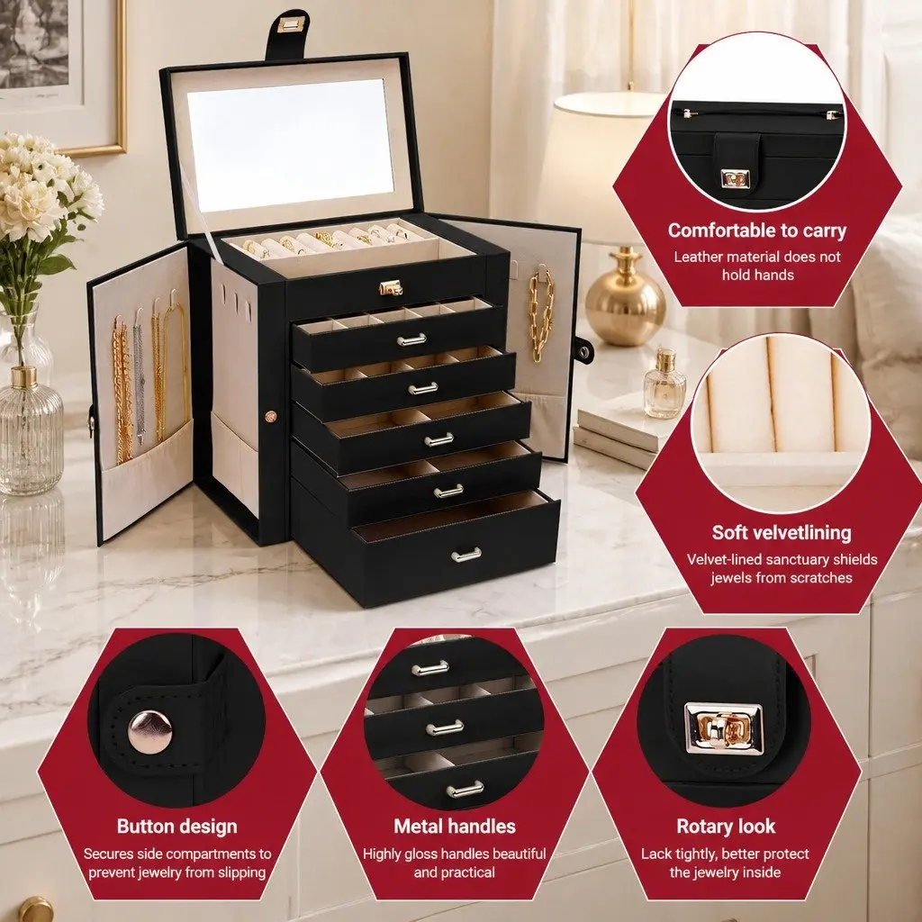 Jewelry Box for Women 6 Drawers for Storage with Mirror and Necklace Hooks Black