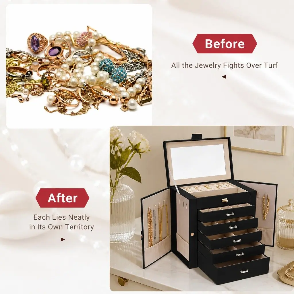 Jewelry Box for Women 6 Drawers for Storage with Mirror and Necklace Hooks Black