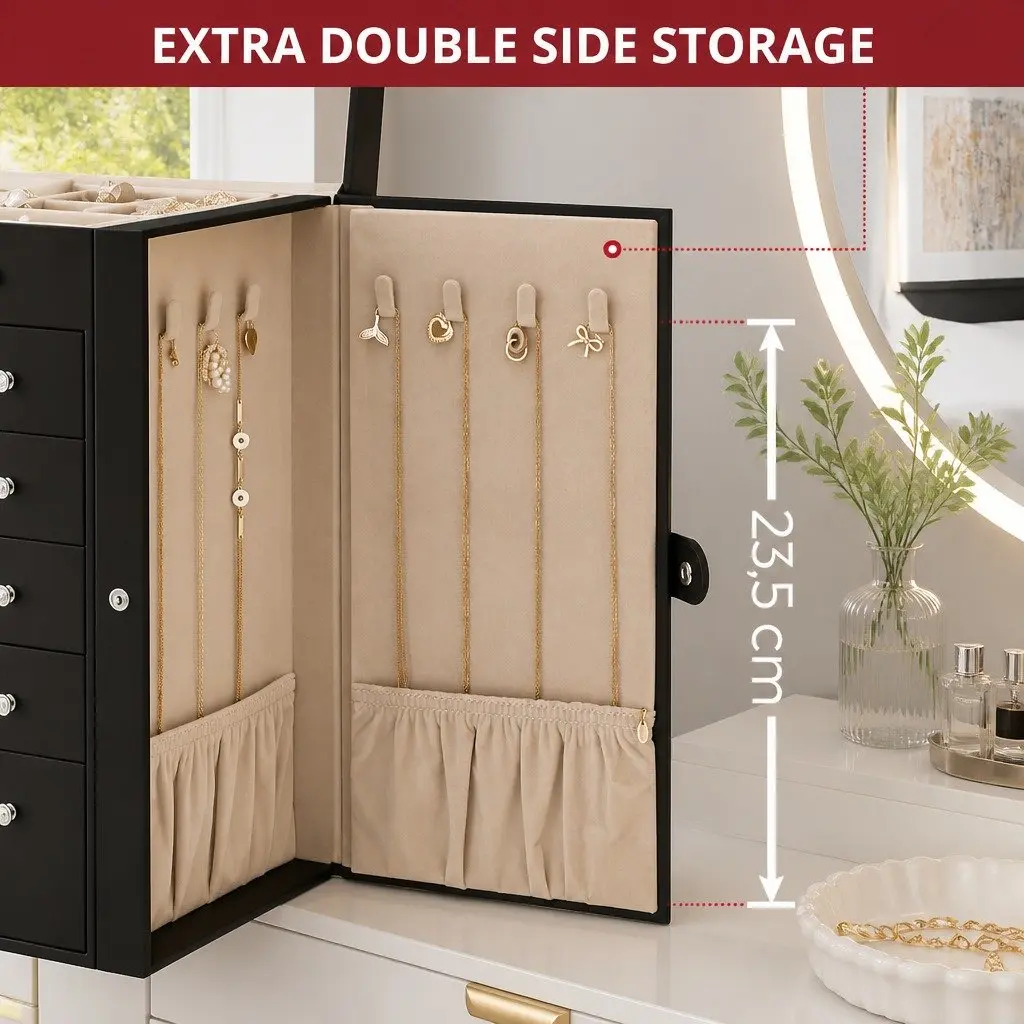 Jewelry Box for Women 6 Drawers for Storage with Mirror and Necklace Hooks Black