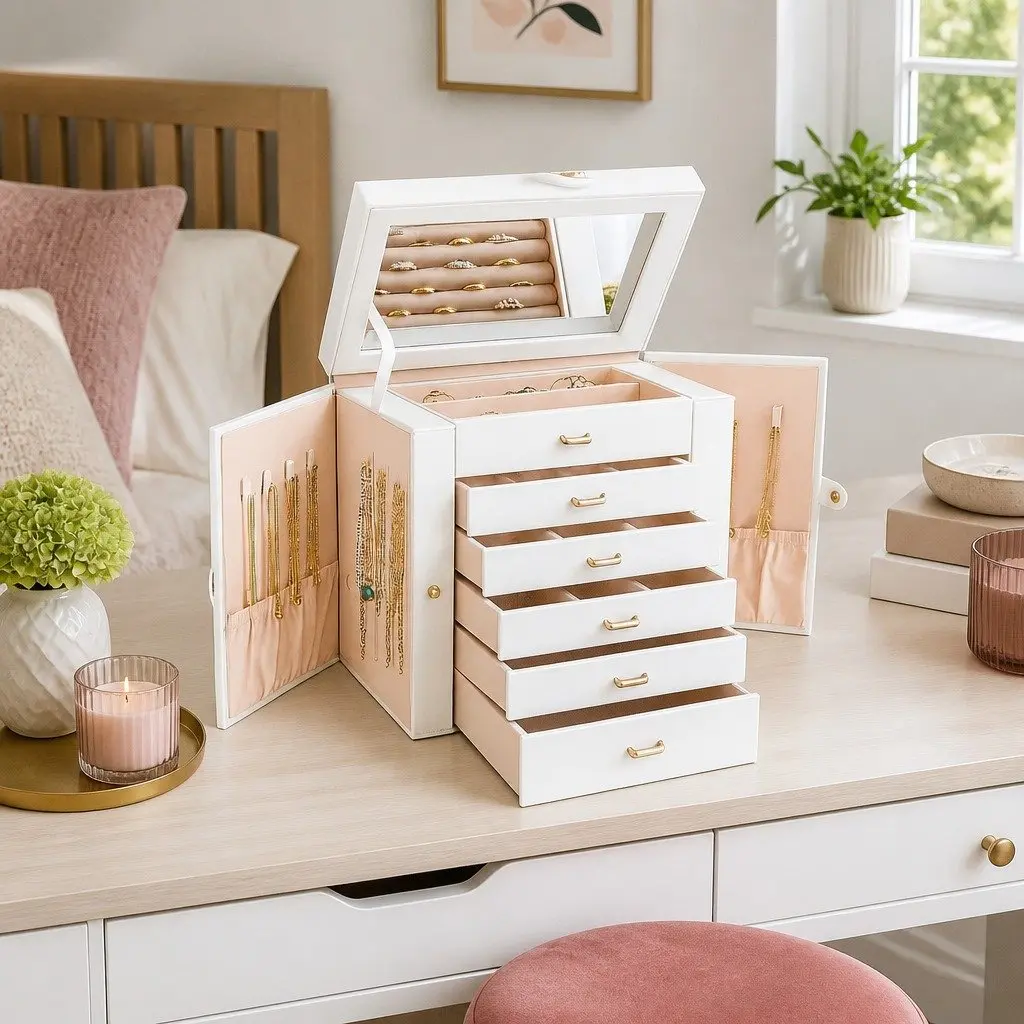 Jewelry Box Large Organizer for Women 6-Layer with Mirror and Lock