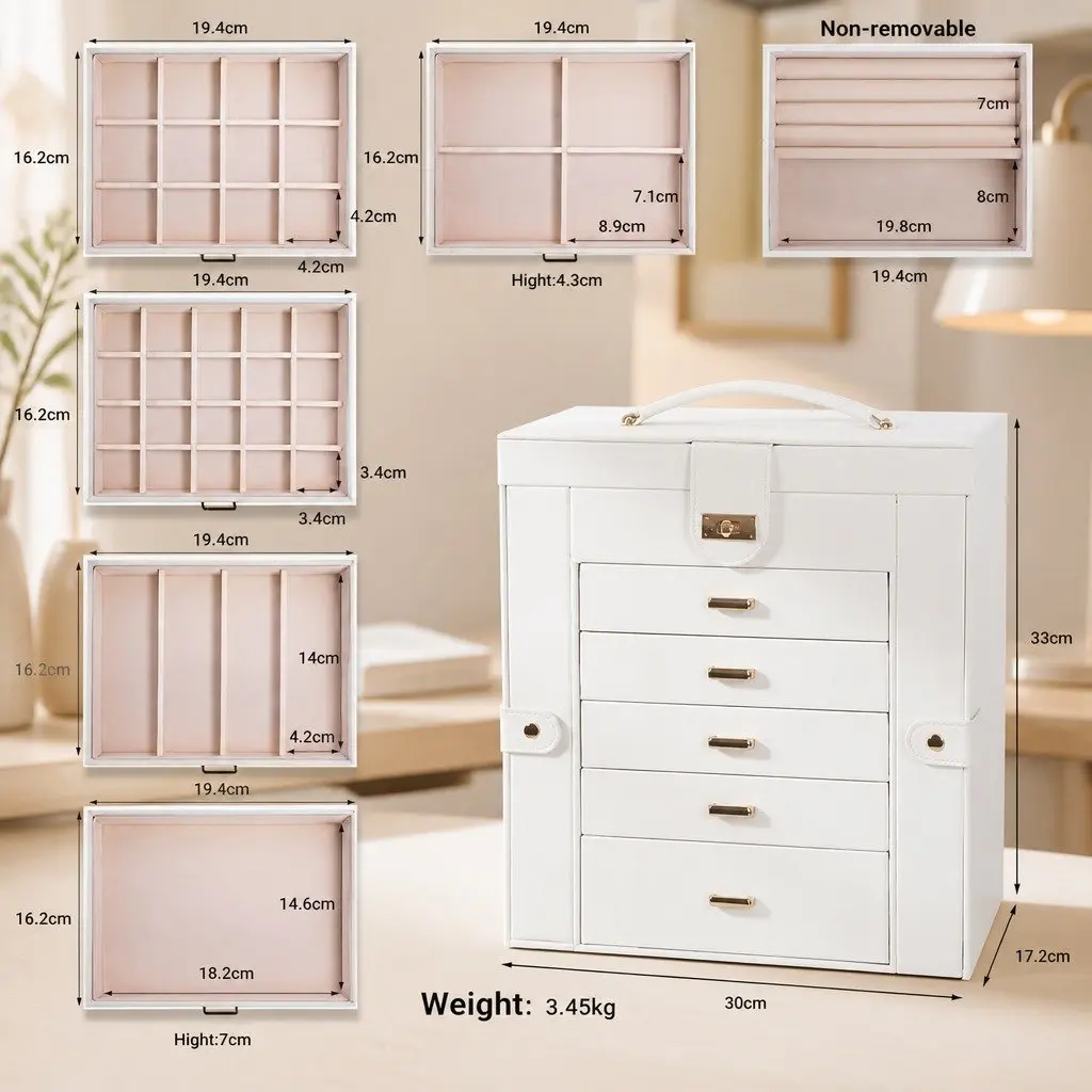 Jewelry Box Large Organizer for Women 6-Layer with Mirror and Lock