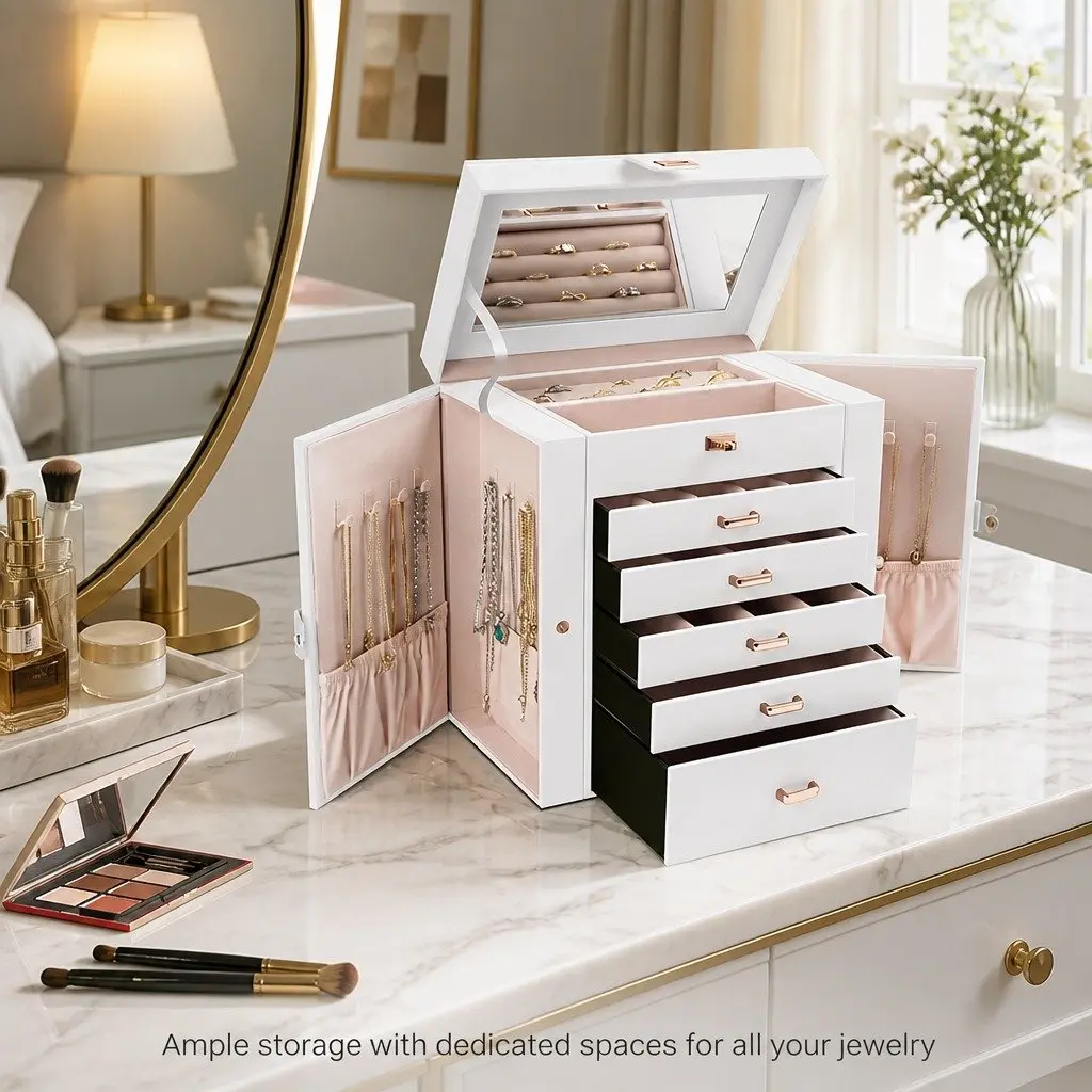 Jewelry Box Large Organizer for Women 6-Layer with Mirror and Lock