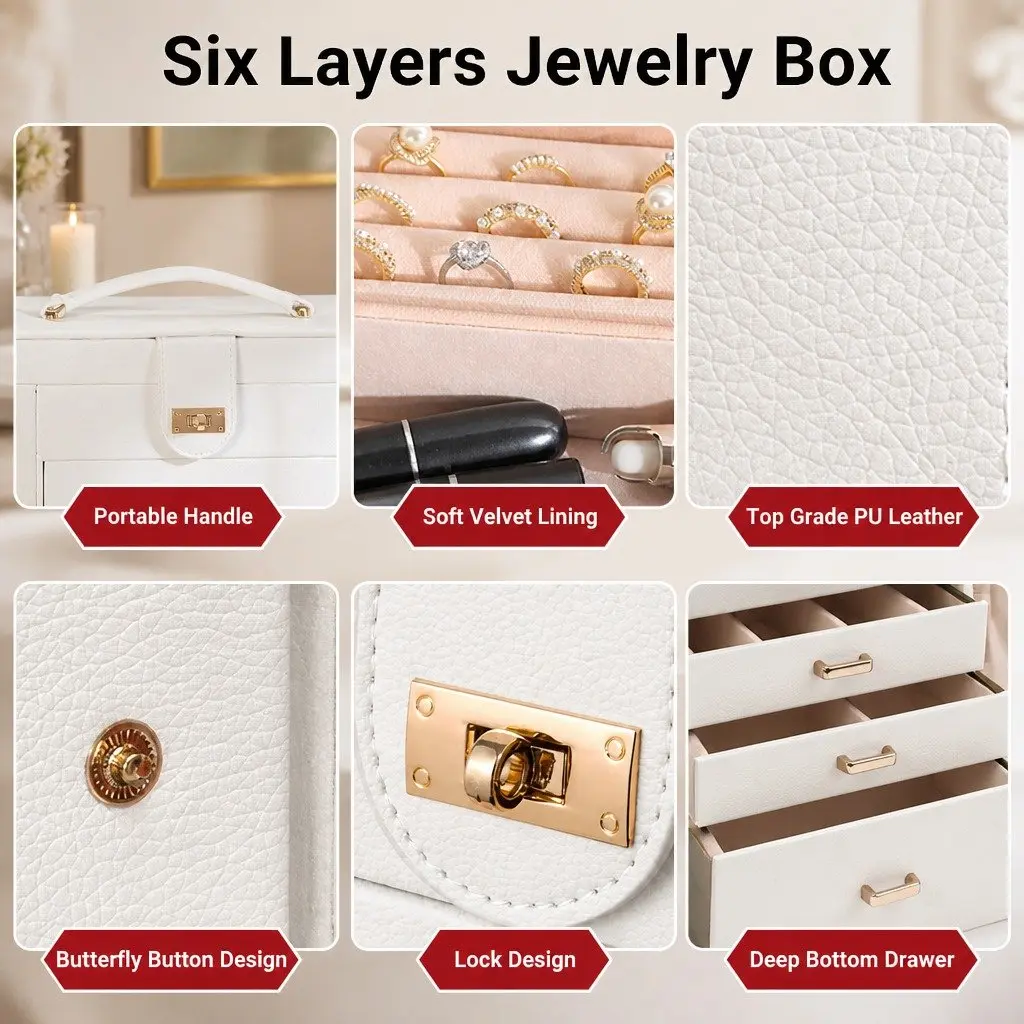 Jewelry Box Large Organizer for Women 6-Layer with Mirror and Lock
