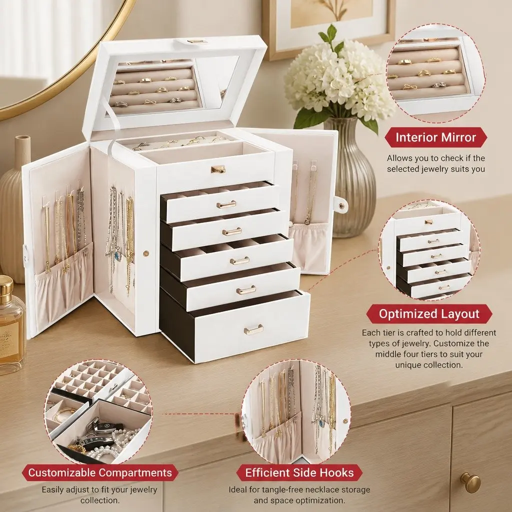 Jewelry Box Large Organizer for Women 6-Layer with Mirror and Lock