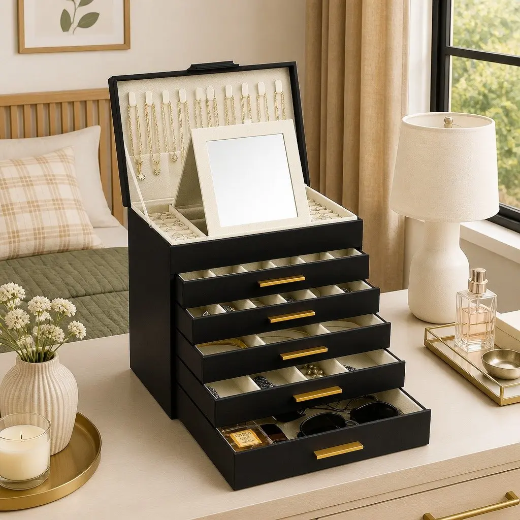 Jewelry Organizer Box for Home Use 6 Layer with Mirror and Drawers