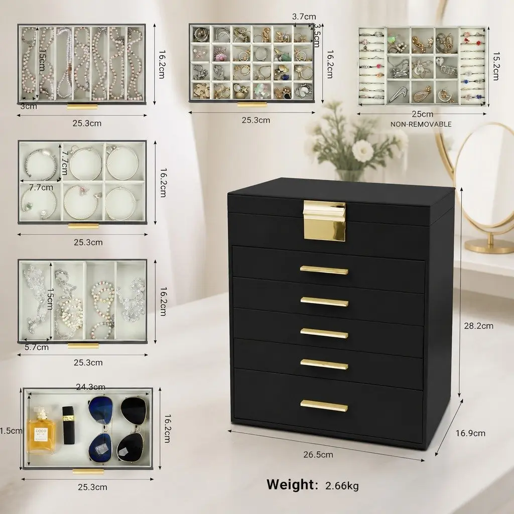 Jewelry Organizer Box for Home Use 6 Layer with Mirror and Drawers