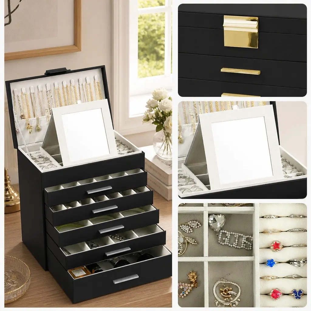 Jewelry Organizer Box for Home Use 6 Layer with Mirror and Drawers