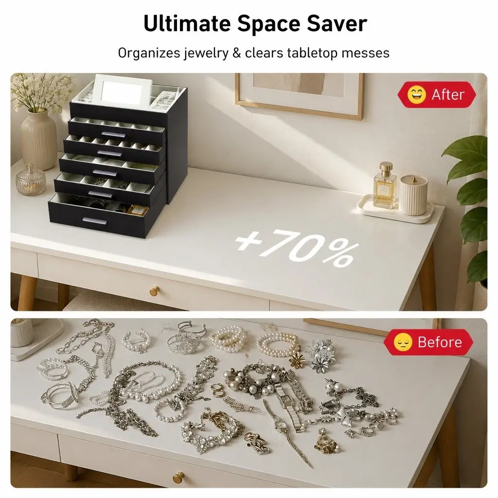 Jewelry Organizer Box for Home Use 6 Layer with Mirror and Drawers