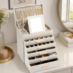 Jewelry Organizer Box: 6 Drawers, Mirror & 11 Hooks