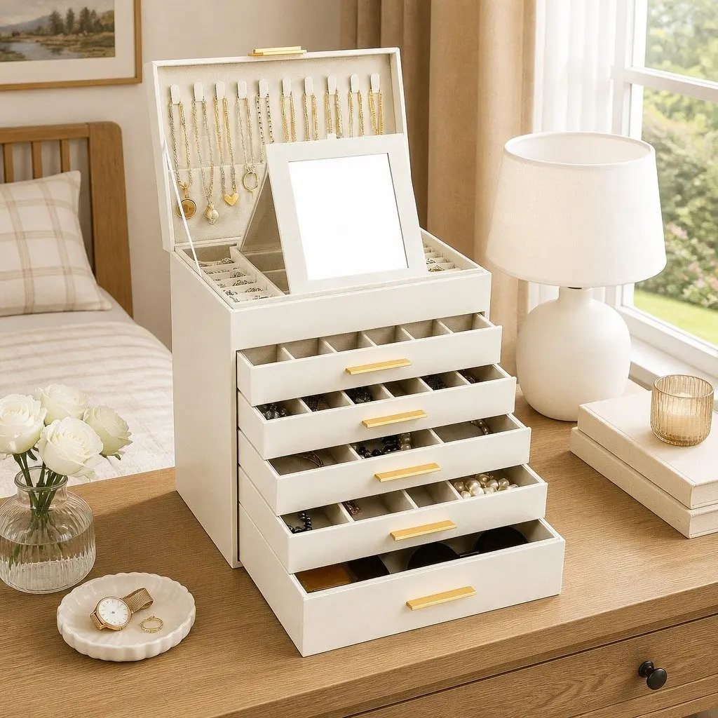 Large Jewelry Organizer Box with Mirror Drawers Hooks Dividers for Women Storage