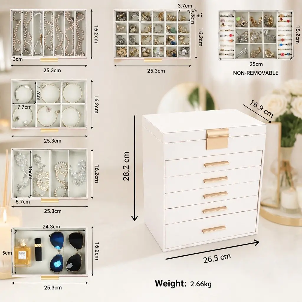 Large Jewelry Organizer Box with Mirror Drawers Hooks Dividers for Women Storage