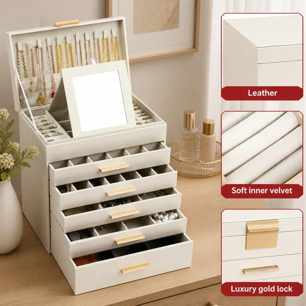 Large Jewelry Organizer Box with Mirror Drawers Hooks Dividers for Women Storage
