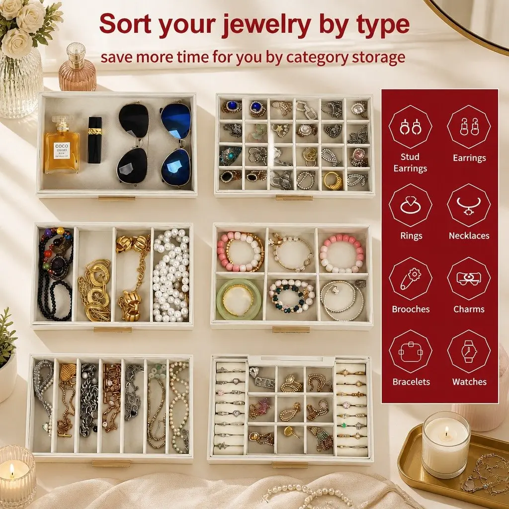 Large Jewelry Organizer Box with Mirror Drawers Hooks Dividers for Women Storage