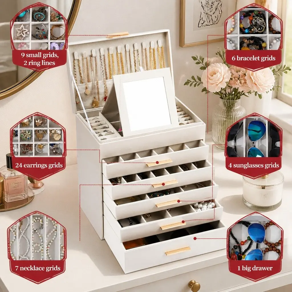 Large Jewelry Organizer Box with Mirror Drawers Hooks Dividers for Women Storage