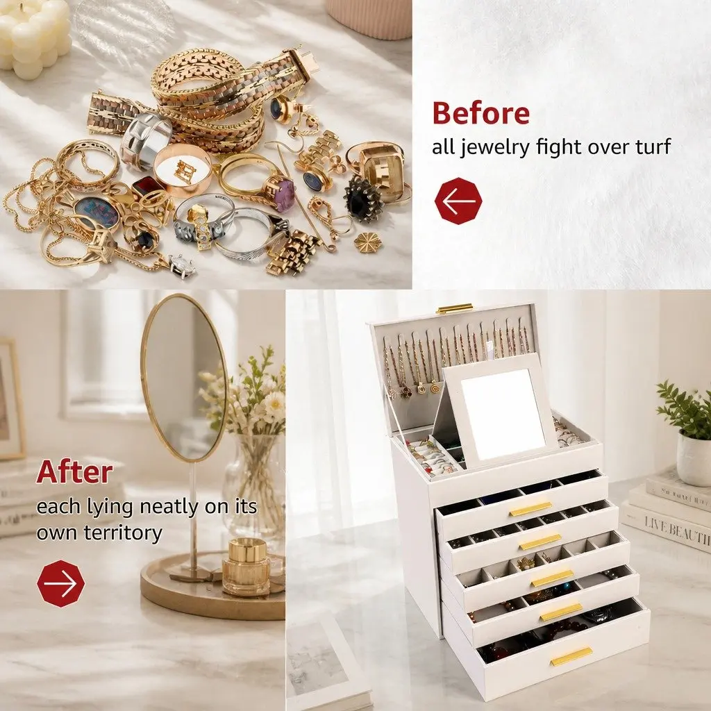 Large Jewelry Organizer Box with Mirror Drawers Hooks Dividers for Women Storage