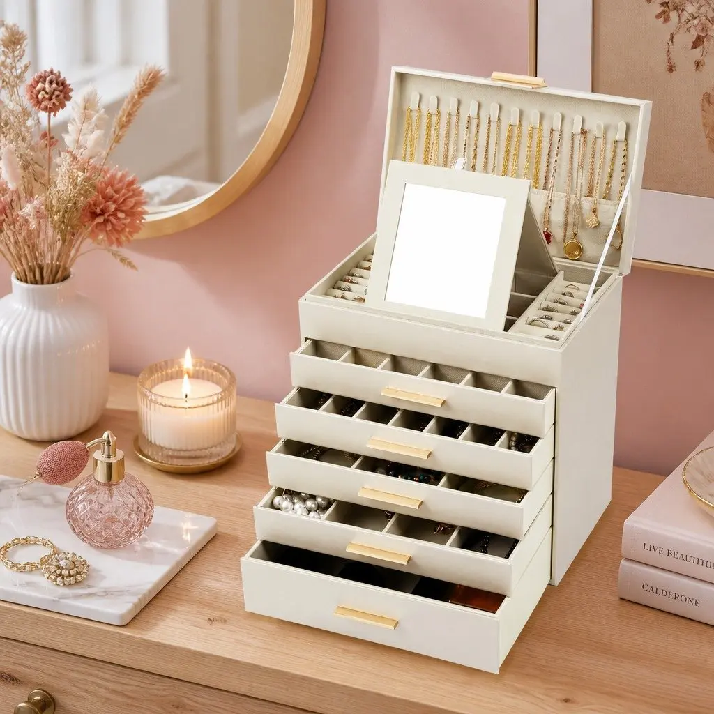 Large Jewelry Organizer Box with Mirror Drawers Hooks Dividers for Women Storage