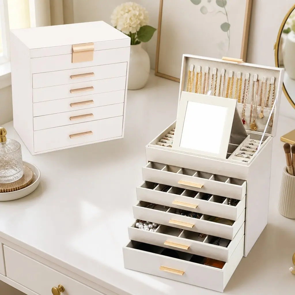 Large Jewelry Organizer Box with Mirror Drawers Hooks Dividers for Women Storage