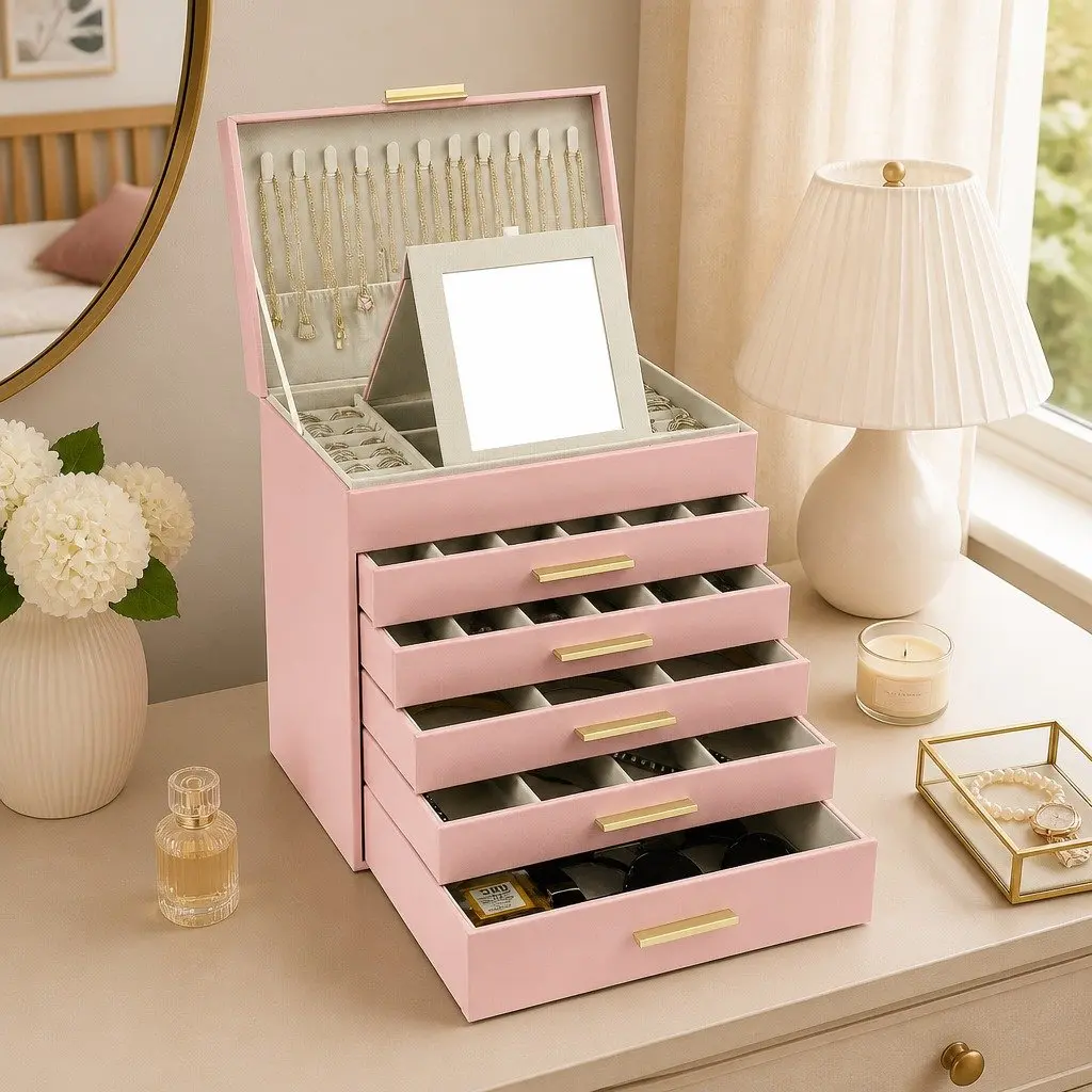 Jewelry Organizer Box 6-Layer Storage with Mirror Drawers Hooks Dividers Women