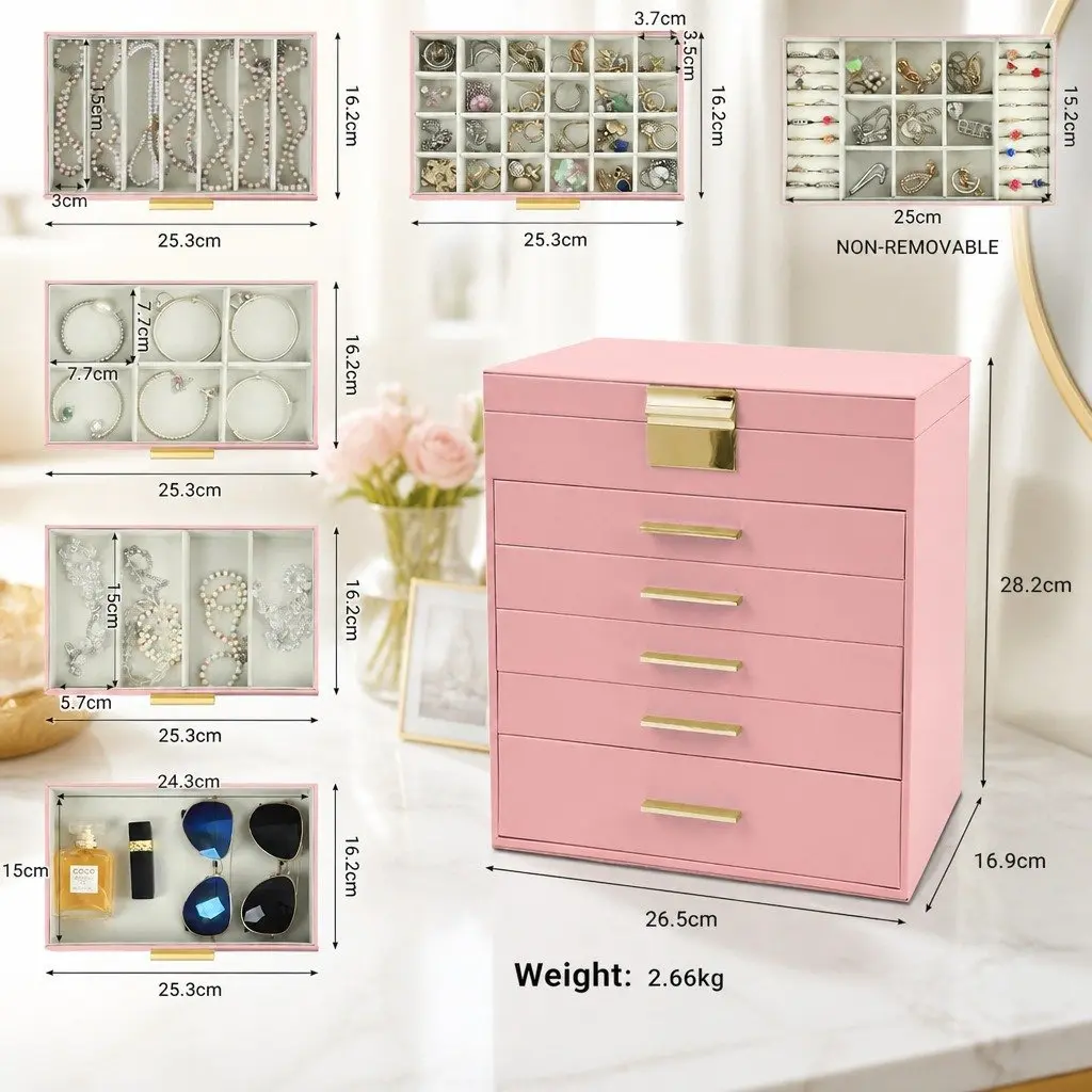 Jewelry Organizer Box 6-Layer Storage with Mirror Drawers Hooks Dividers Women